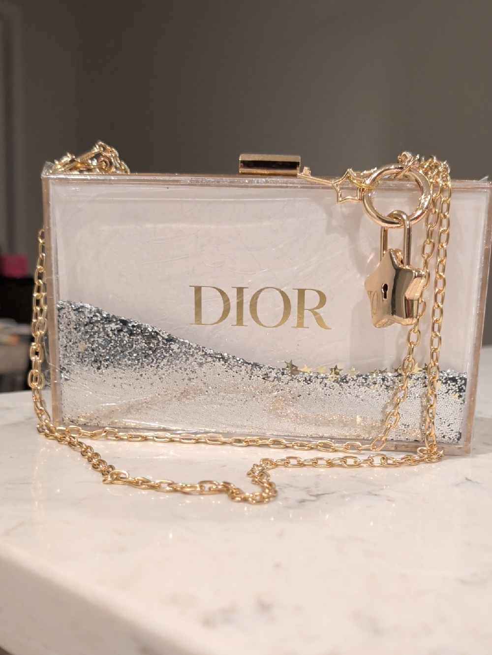 Clear Upcycled Acrylic Liquid Glitter Clutch with Chain